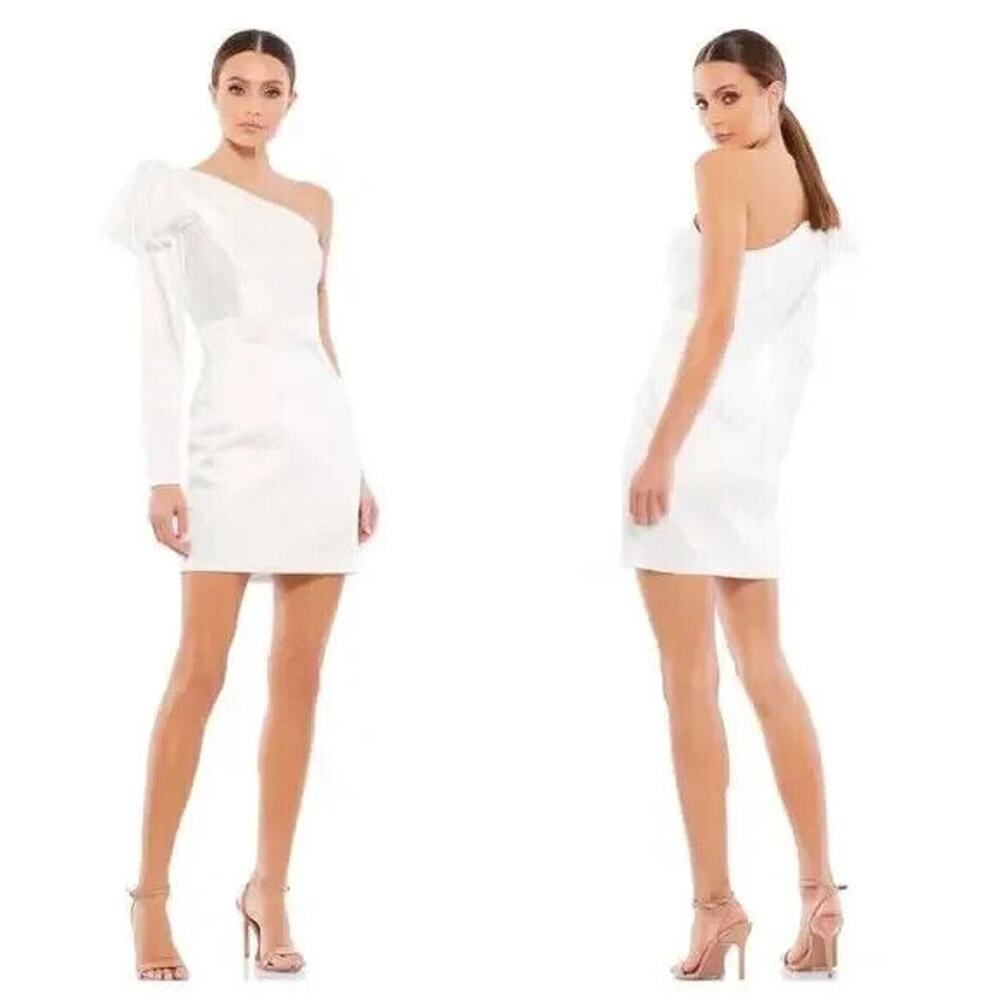 Mac Duggal 26500 One Shoulder Long Sleeve Satin Mini Dress White Size